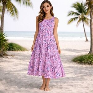 d&co BEACH Pink Blue Abstract Print Tiered Maxi Dress Women's LP
